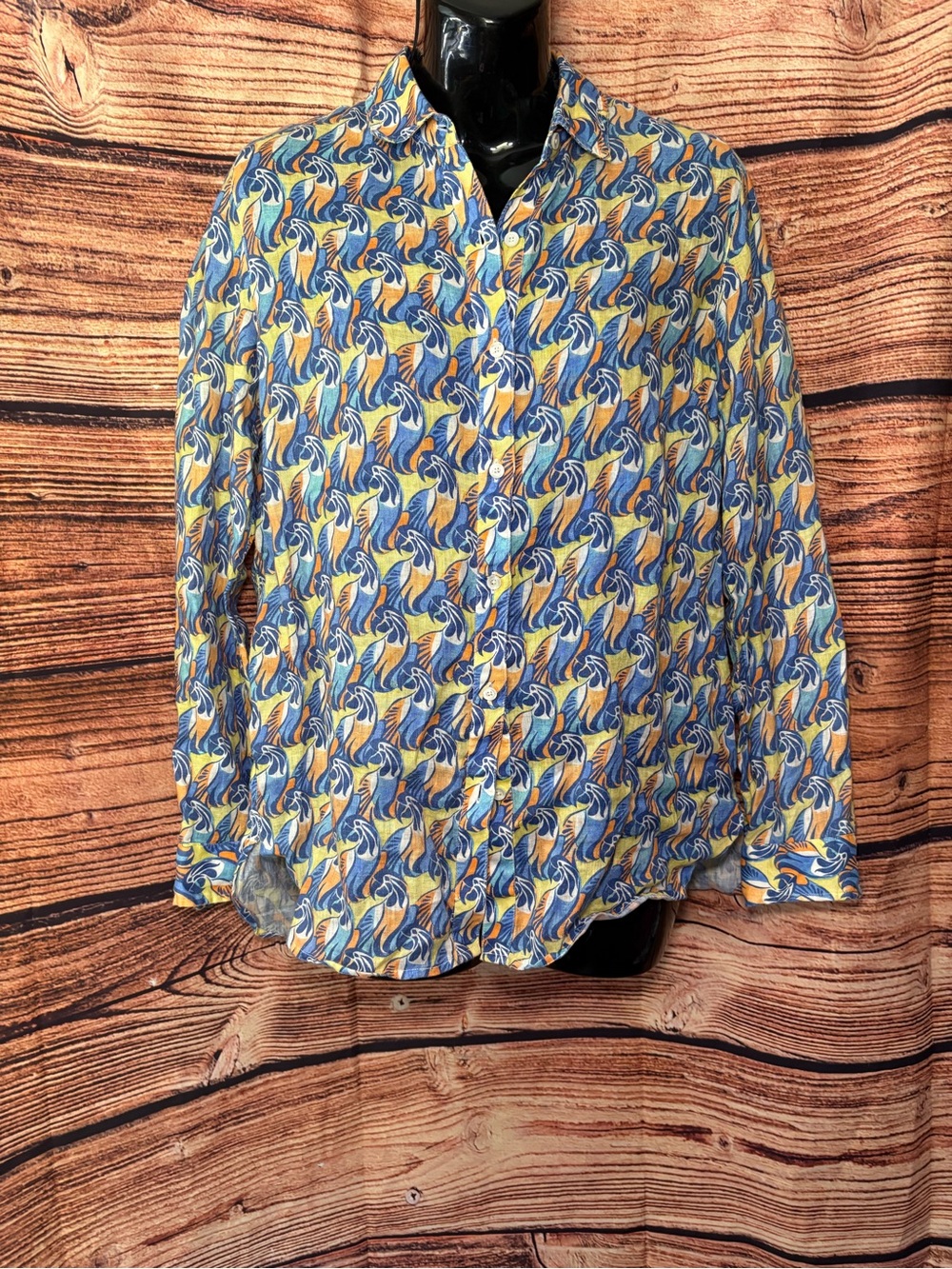 J. McLaughlin Blue and Yellow Abstract Parrot Button-Down Shirt